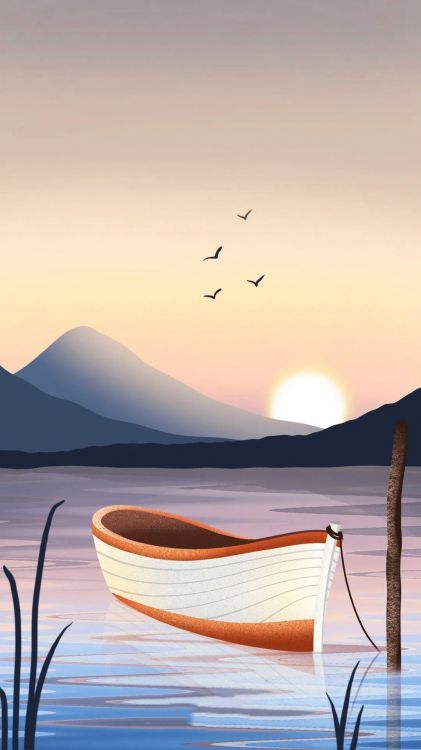 painting, drawing, art, water, boat