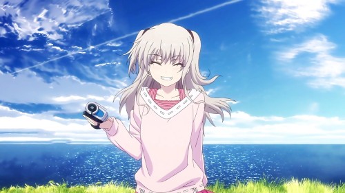 Image girl in pink long sleeve shirt holding black and silver microphone anime character