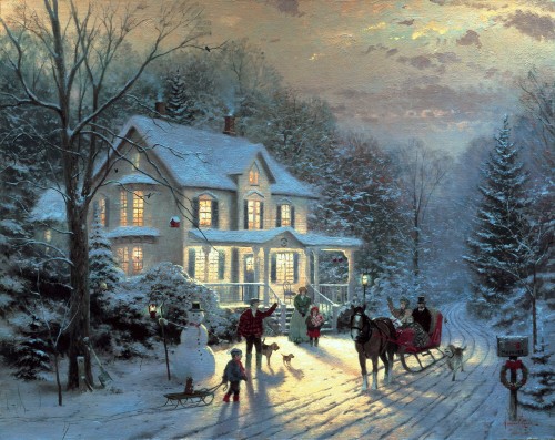 Image people walking on snow covered ground near white and brown house painting