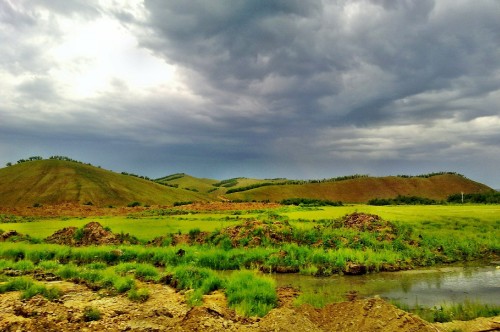 Image green grass field near body of water under cloudy sky during daytime