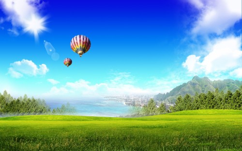 Image hot air balloons flying over green grass field during daytime