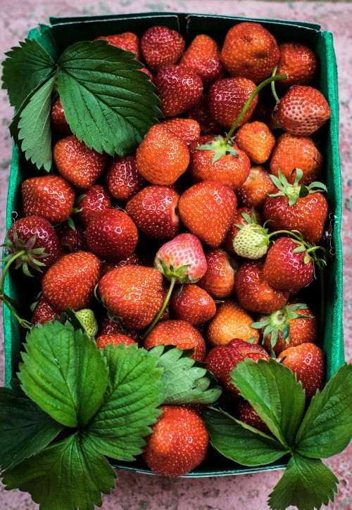 Image red strawberries on green leaves