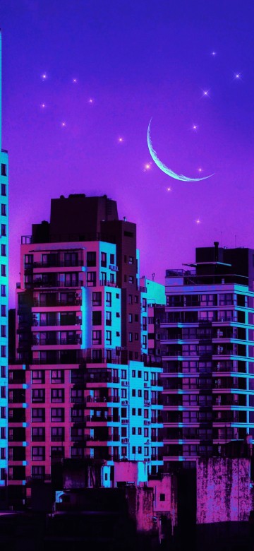 Image city, vaporwave, purple, crescent, magenta