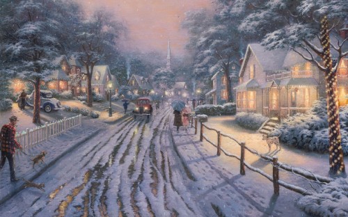 Image people walking on snow covered road near houses painting