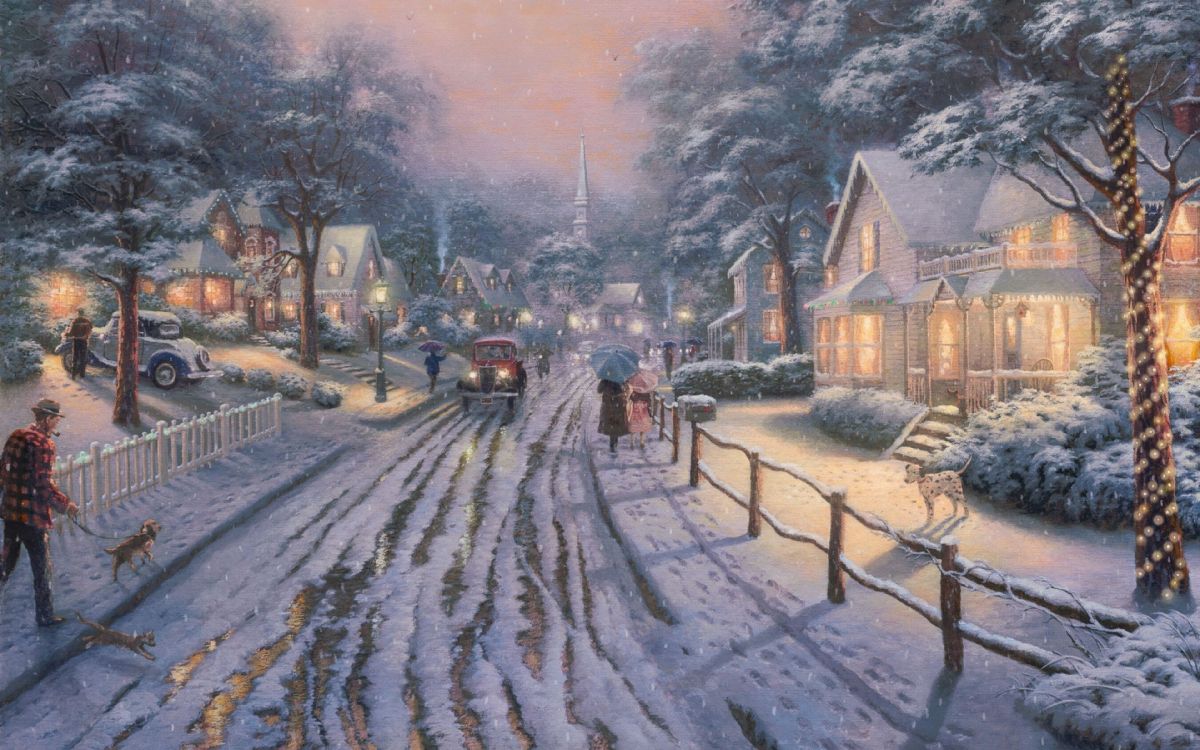 people walking on snow covered road near houses painting