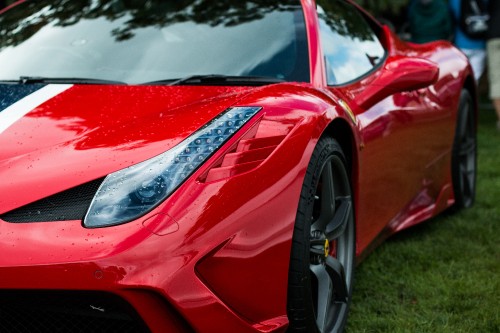 Image red ferrari car on green grass field during daytime