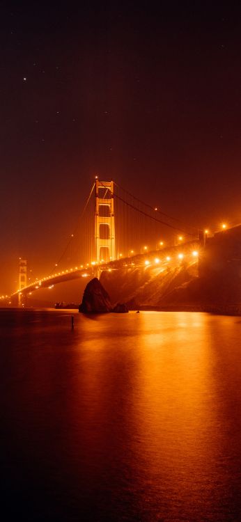 Nacht, Golden Gate Bridge, Wasser, Atmosphäre, Bernstein. Wallpaper in 1080x2340 Resolution
