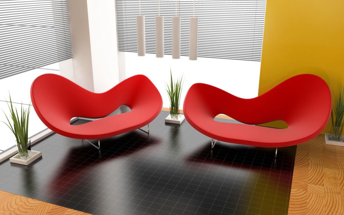 Chaises Rouges et Noires Sur Carrelage Blanc. Wallpaper in 1920x1200 Resolution