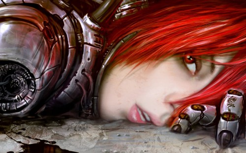 Image woman in red hair lying on brown metal frame