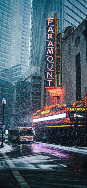 paramount theatre, building, skyscraper, bus, automotive lighting