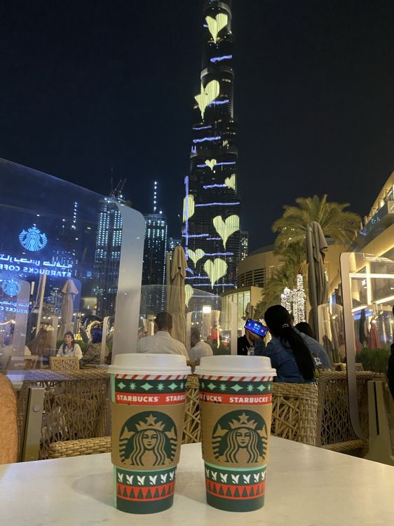 dubai, burj khalifa, starbucks new logo 2011, night, drinkware