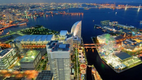 Image aerial view of city buildings during night time