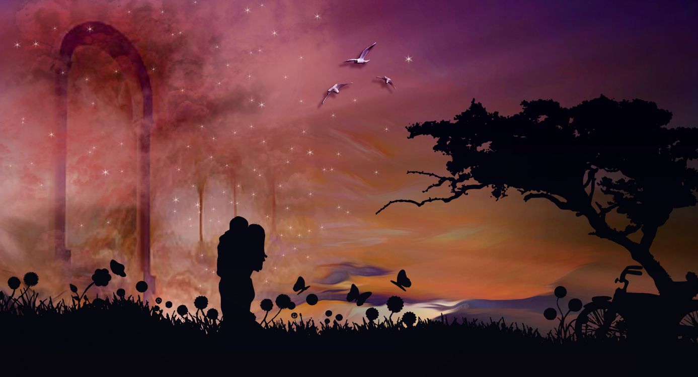 Baiser, Couple, Silhouette, Atmosphère, Illustration. Wallpaper in 3997x2160 Resolution