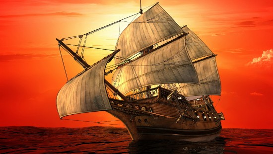 Image brown sail ship on sea during sunset