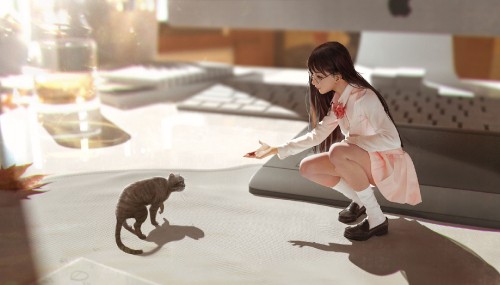 Image woman in white shirt and black pants sitting on floor with gray cat