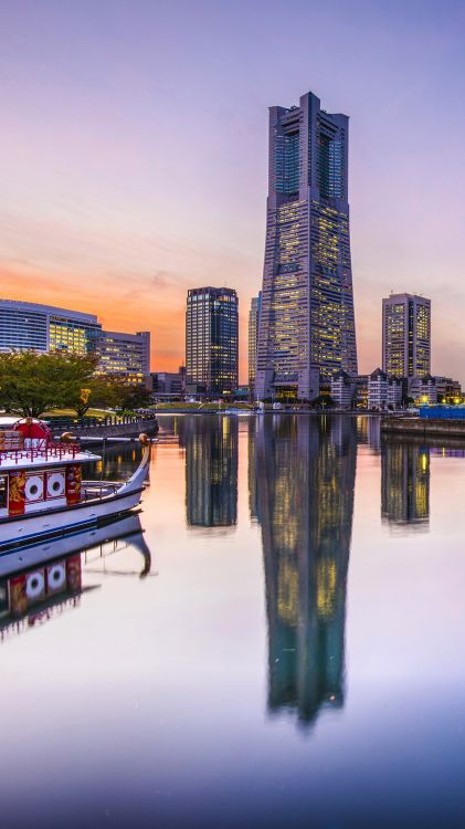 Gratte-ciel, Eau, Yokohama Cosmo World, Bâtiment, Bateau. Wallpaper in 1080x1920 Resolution