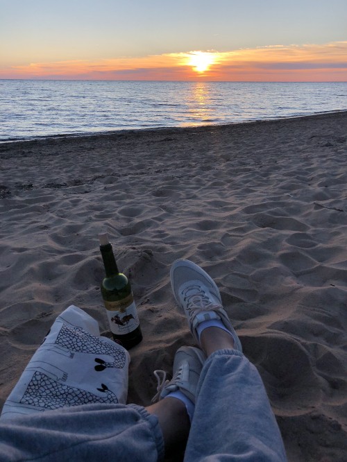 Image sea, water, shoe, jeans, sunset