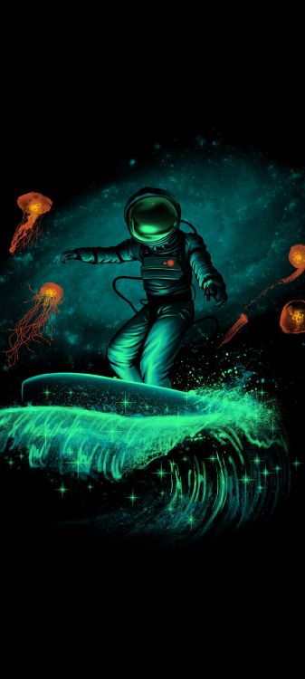 Espacio de Surf, Surf, Astronauta, Arte, el Buceo. Wallpaper in 1080x2400 Resolution