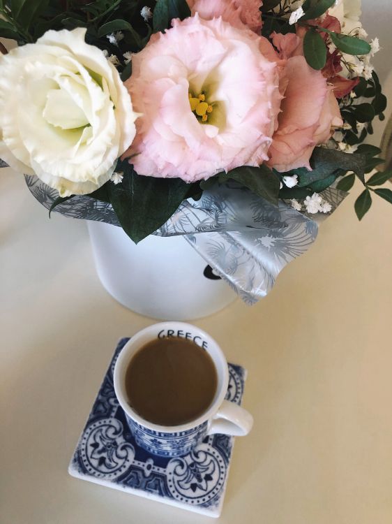 coffee cup, floral design, vase, Coffee, tea