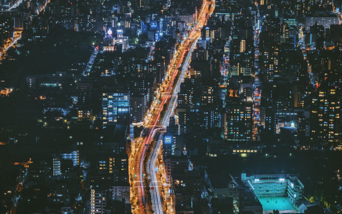 aerial view of city buildings during night time