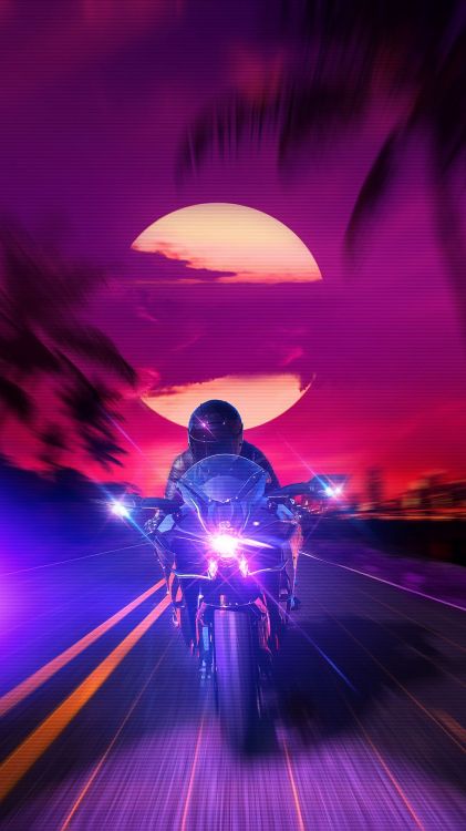 Cyberpunk, Vaporwave, Äpfeln, Motorrad, Magenta. Wallpaper in 1080x1920 Resolution