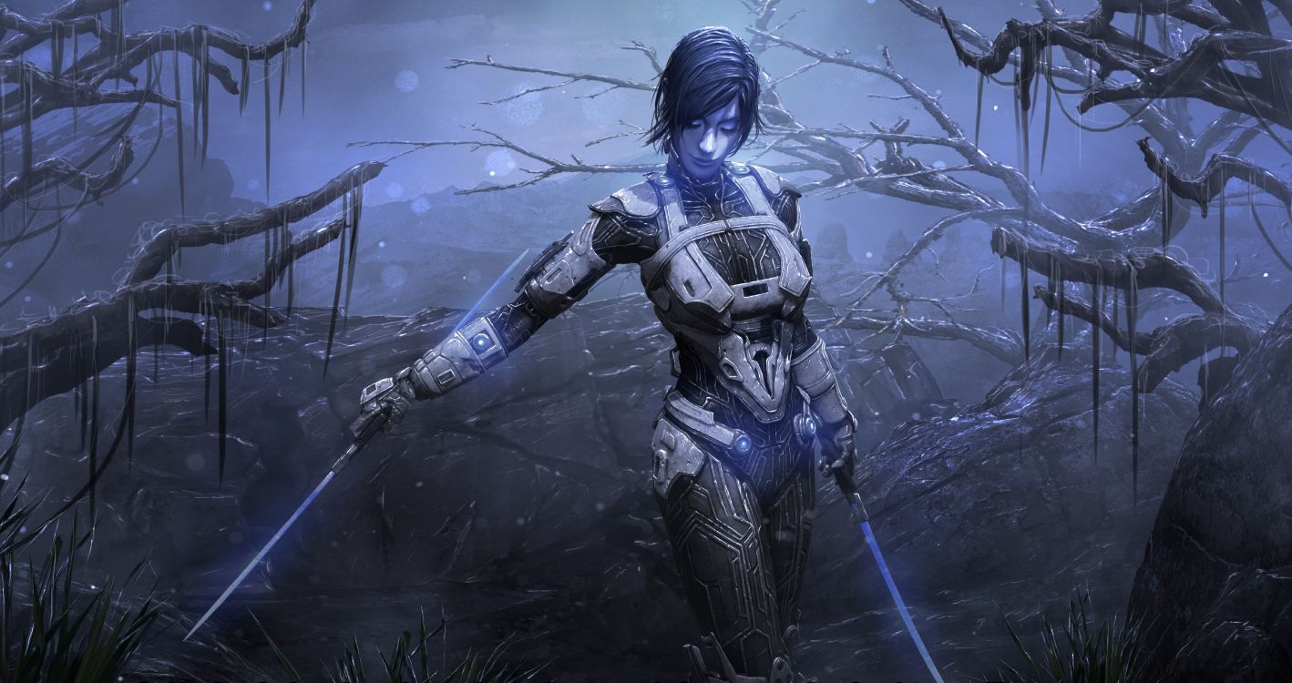 Woman in Black and Blue Suit Holding Black and Blue Weapon. Wallpaper in 6604x3491 Resolution
