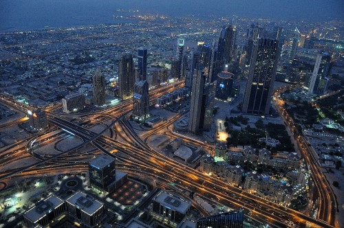 Image aerial view of city buildings during night time