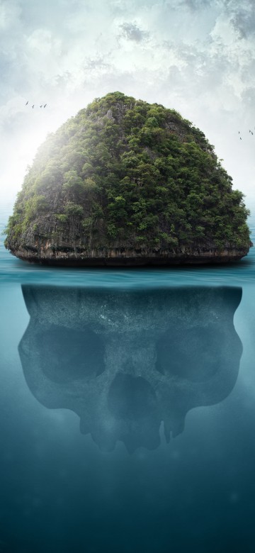 Image brown rock formation on body of water under white clouds and blue sky during daytime