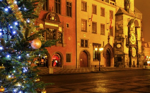 Image green christmas tree with string lights near brown concrete building during night time