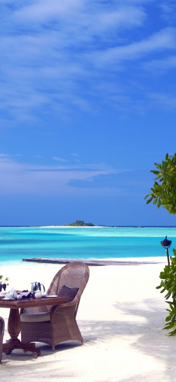 Image brown wooden outdoor lounge chairs on beach during daytime