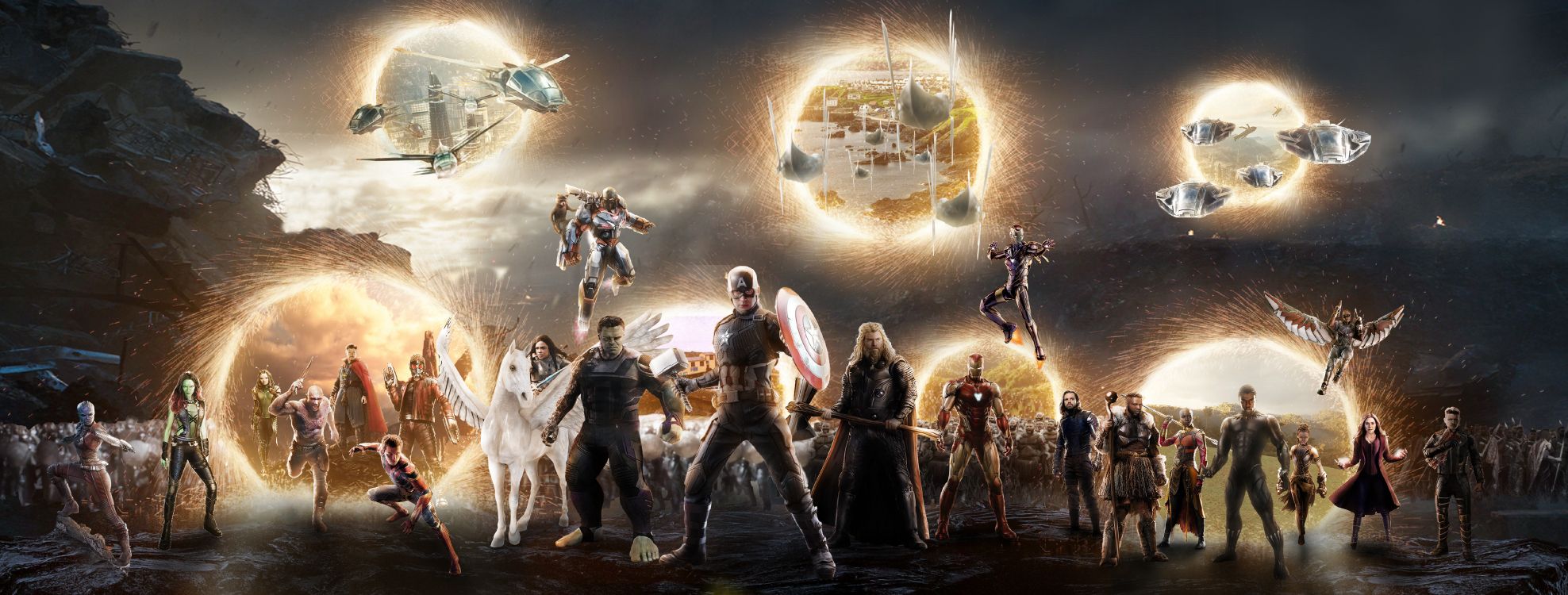 Réunion de Justiciers, Captain America, Thanos, L'homme de Fer, Vengeur. Wallpaper in 6481x2459 Resolution