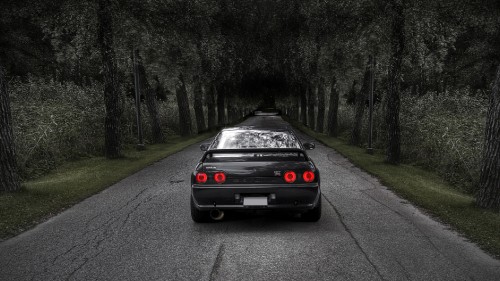 Image black car on road in between trees during daytime