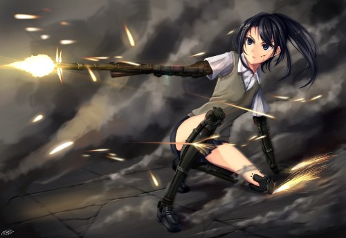 Image woman in gray long sleeve shirt holding black rifle anime character