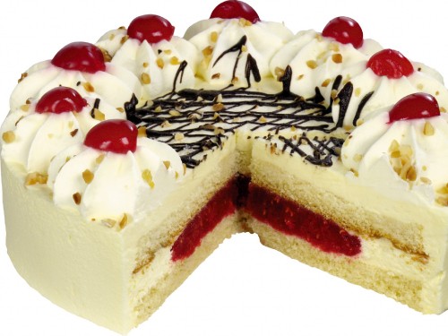 Image white and brown cake with red and black sprinkles