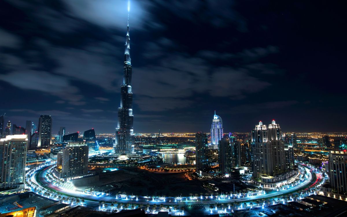 city skyline during night time