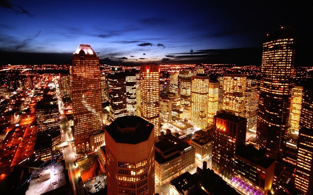 city with high rise buildings during night time