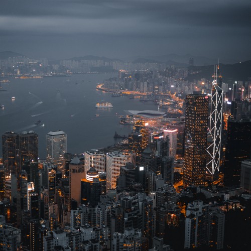 Image aerial view of city buildings during night time