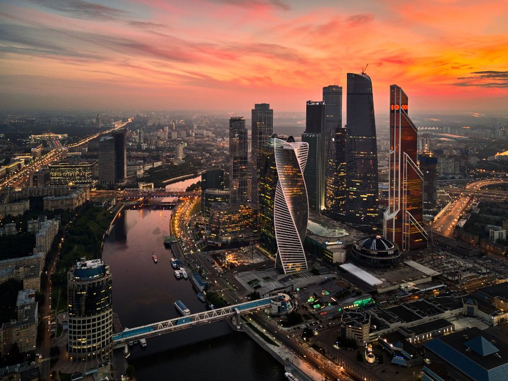 aerial view of city buildings during night time