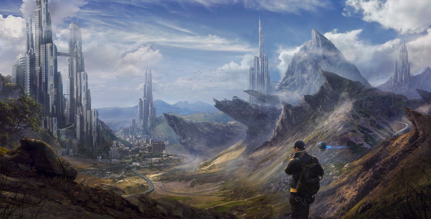 Mann in Schwarzer Jacke Und Schwarzem Rucksack, Der Tagsüber Auf Einer Braunen Felsformation Steht. Wallpaper in 3000x1524 Resolution