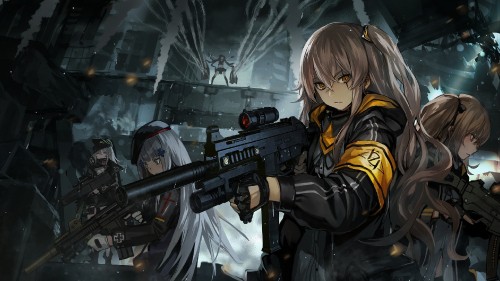 Image blonde haired male anime character holding rifle