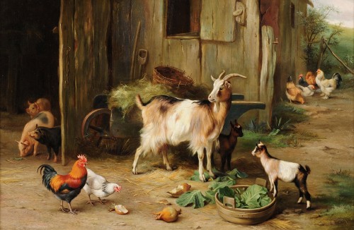 Image white and brown goats on brown wooden cage