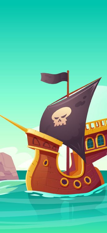Barco Pirata en la Isla de Dibujos Animados, Piratería, Gráficos Vectoriales, Ilustración, Isla. Wallpaper in 1080x2340 Resolution
