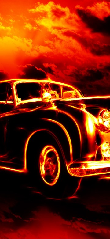 Image vintage car on black and orange sky