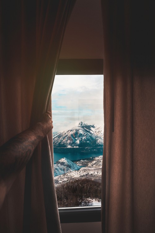 Image window, curtain, room, tree, water