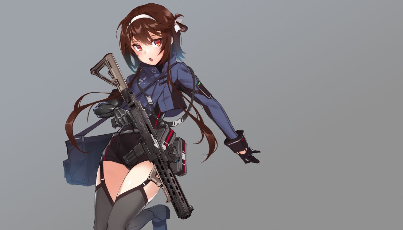 Woman in Blue and Black Dress Holding Rifle Anime Character. Wallpaper in 4200x2400 Resolution