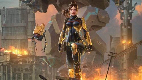 Image woman in black and yellow suit holding black and yellow gun