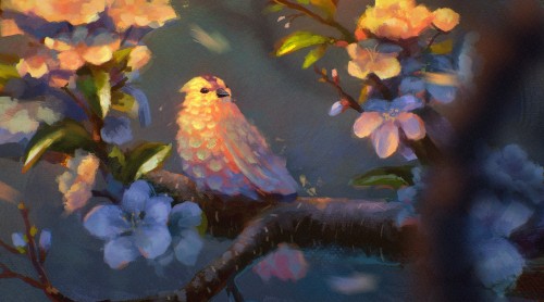 Image blue and yellow bird on tree branch painting