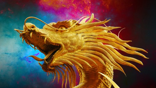 Image gold dragon with pink and blue background