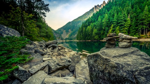 Image green trees near lake under white clouds and blue sky during daytime