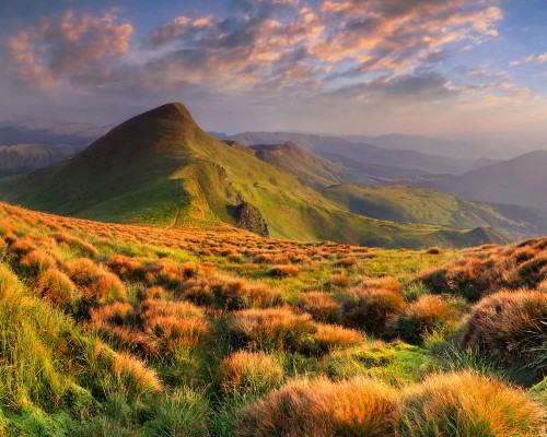 Image green grass field and mountain under white clouds